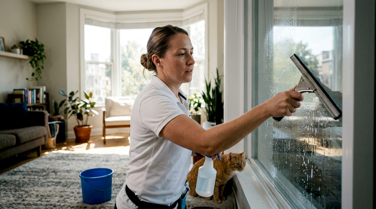 Matériel de nettoyage professionnel pour vitres : découvrez les outils incontournables en action.