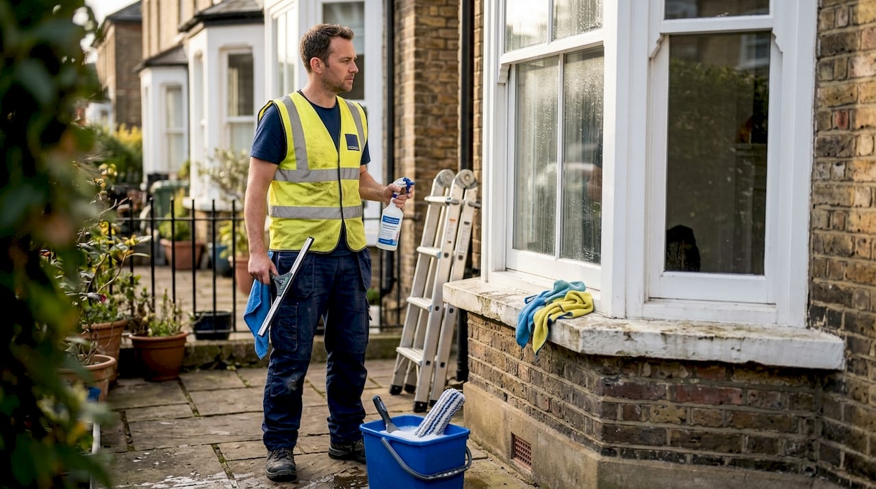 Agent d’entretien équipé pour le nettoyage des vitres en extérieur