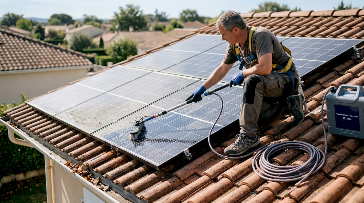 Un technicien procède au nettoyage des panneaux solaires installés sur le toit, en veillant scrupuleusement au respect des consignes de sécurité.