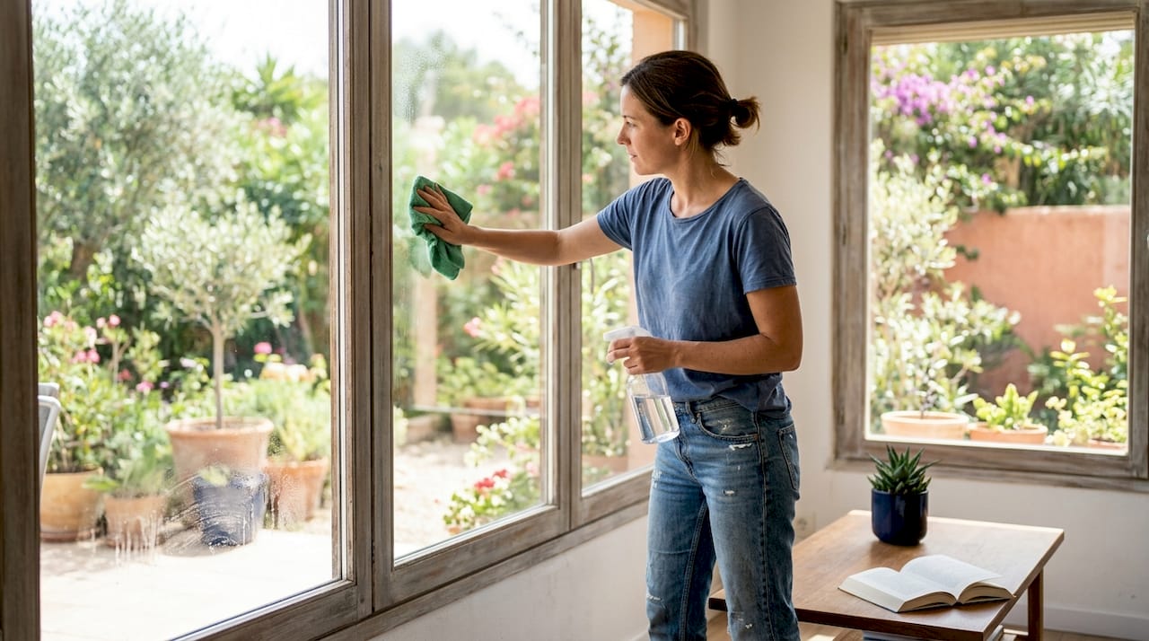 L’astuce écolo pour des vitres impeccables : nettoyer ses fenêtres simplement avec une microfibre.