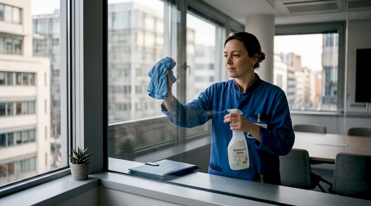 Une agente d’entretien procède au nettoyage des vitres à l’intérieur de la salle de réunion.