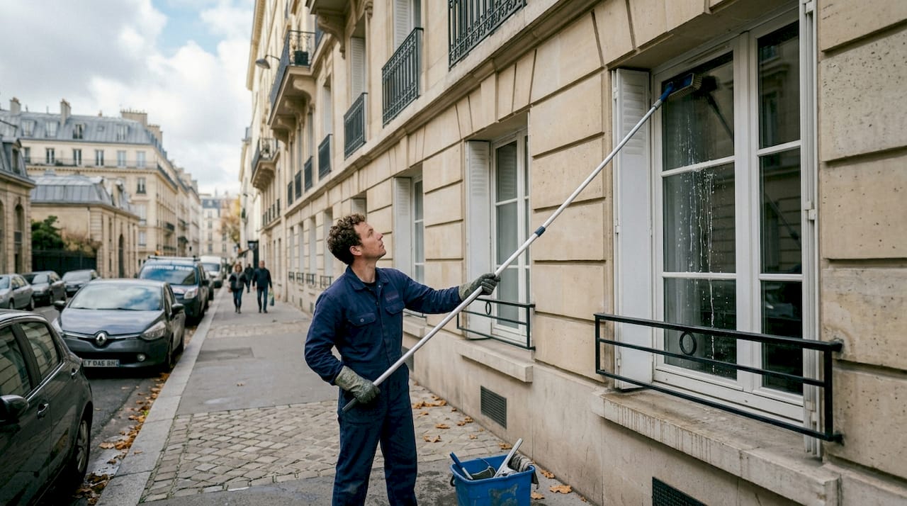 Un spécialiste en entretien intervient pour le nettoyage de la façade d’un immeuble résidentiel.