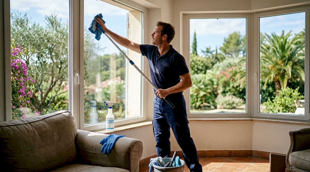 Un professionnel du nettoyage en train de faire briller une large baie vitrée