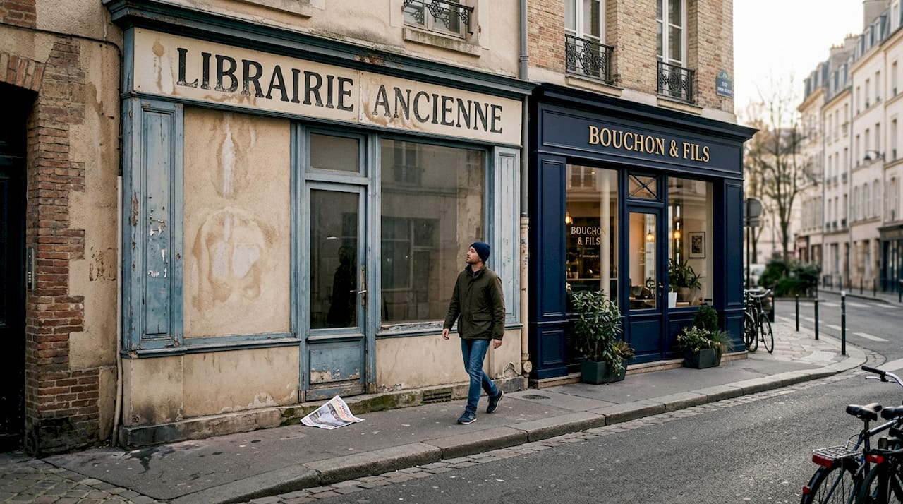 Toile de devanture délavée sur une vitrine de commerce