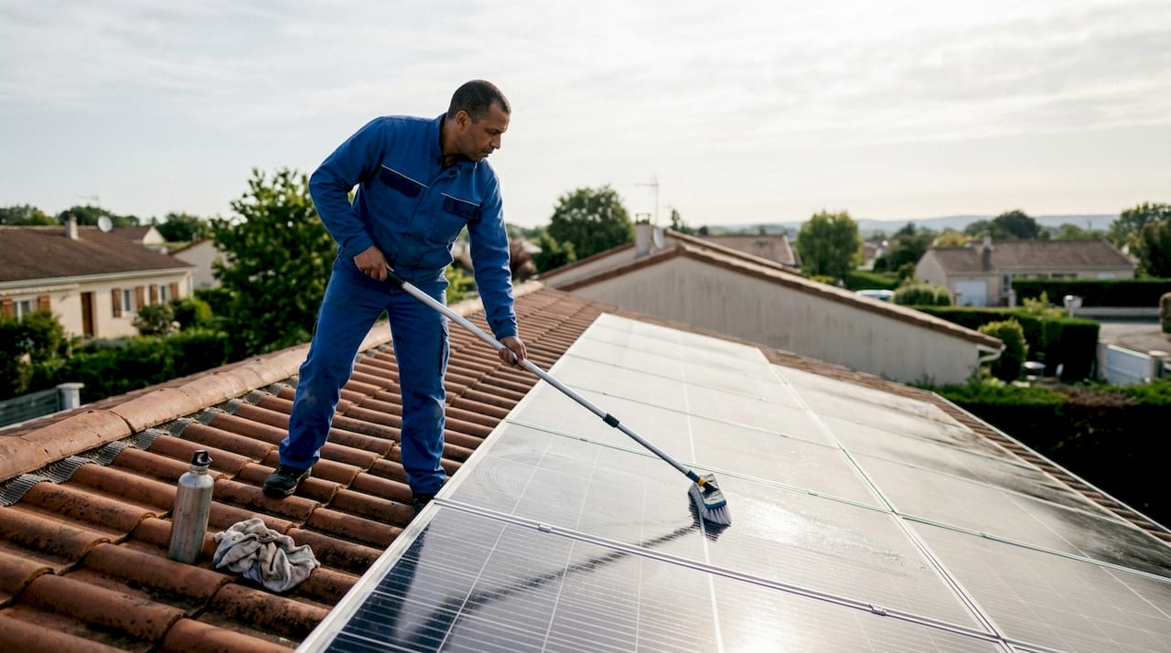 Un technicien procède au nettoyage d’un panneau solaire installé sur une toiture.