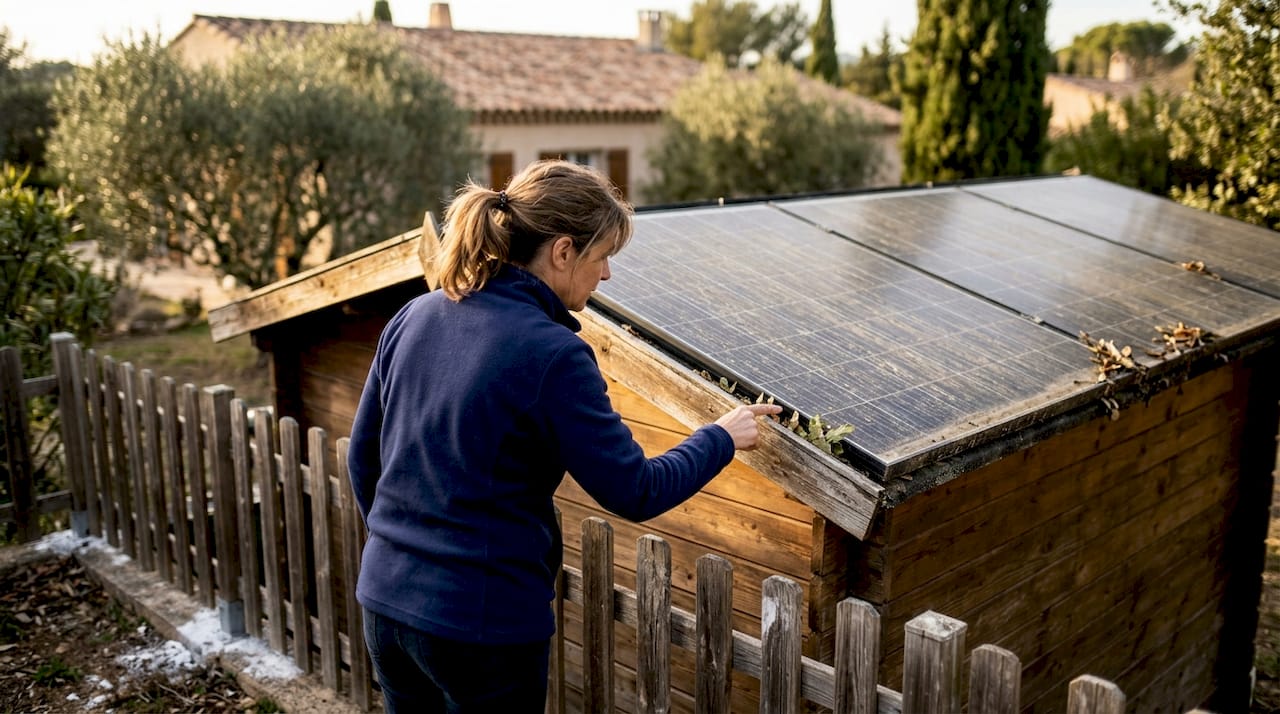 Un propriétaire examine attentivement ses panneaux solaires couverts de saletés pour vérifier leur état.