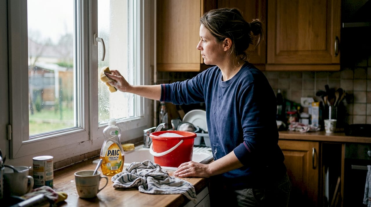 Une femme nettoie la fenêtre de sa cuisine à la main.