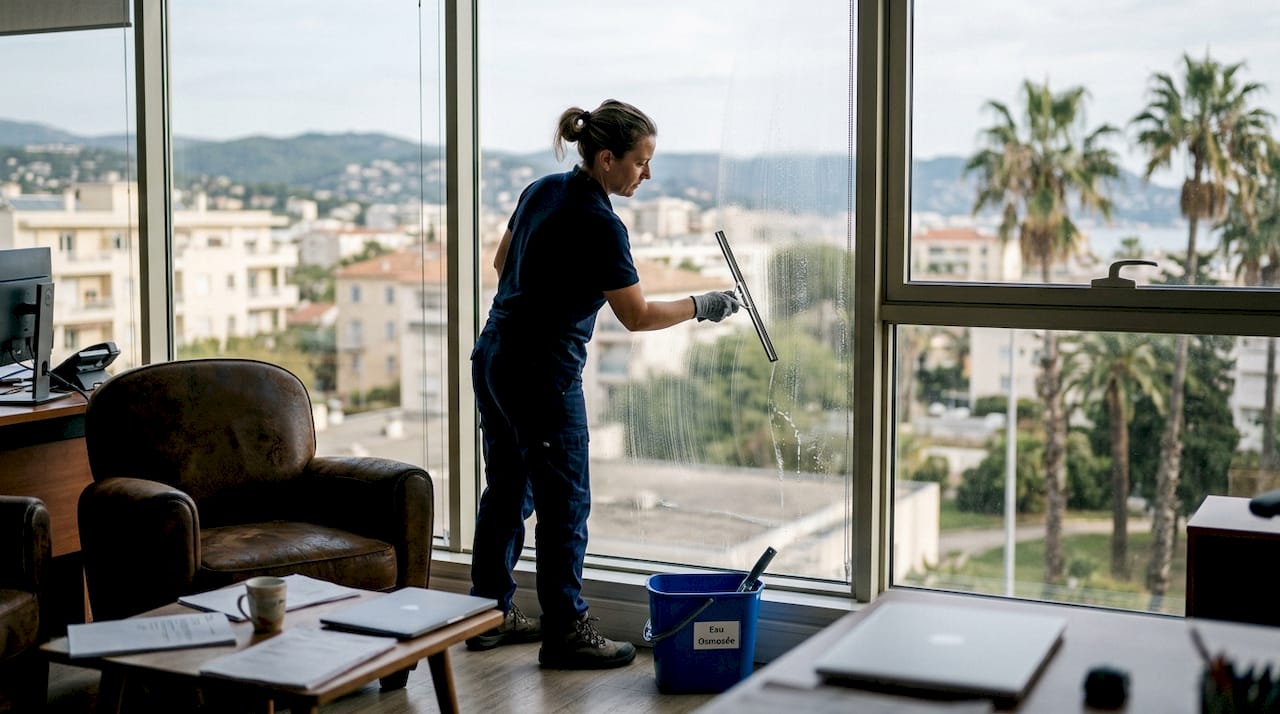 Une technicienne spécialisée dans le nettoyage des vitres intervient dans les bureaux du Var pour garantir des espaces de travail impeccables.