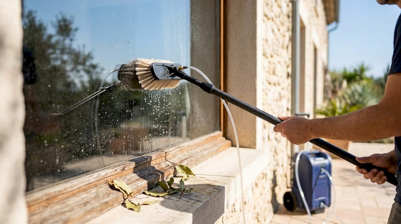 Des mains s'affairent à nettoyer les vitres à l'aide d'une perche télescopique.