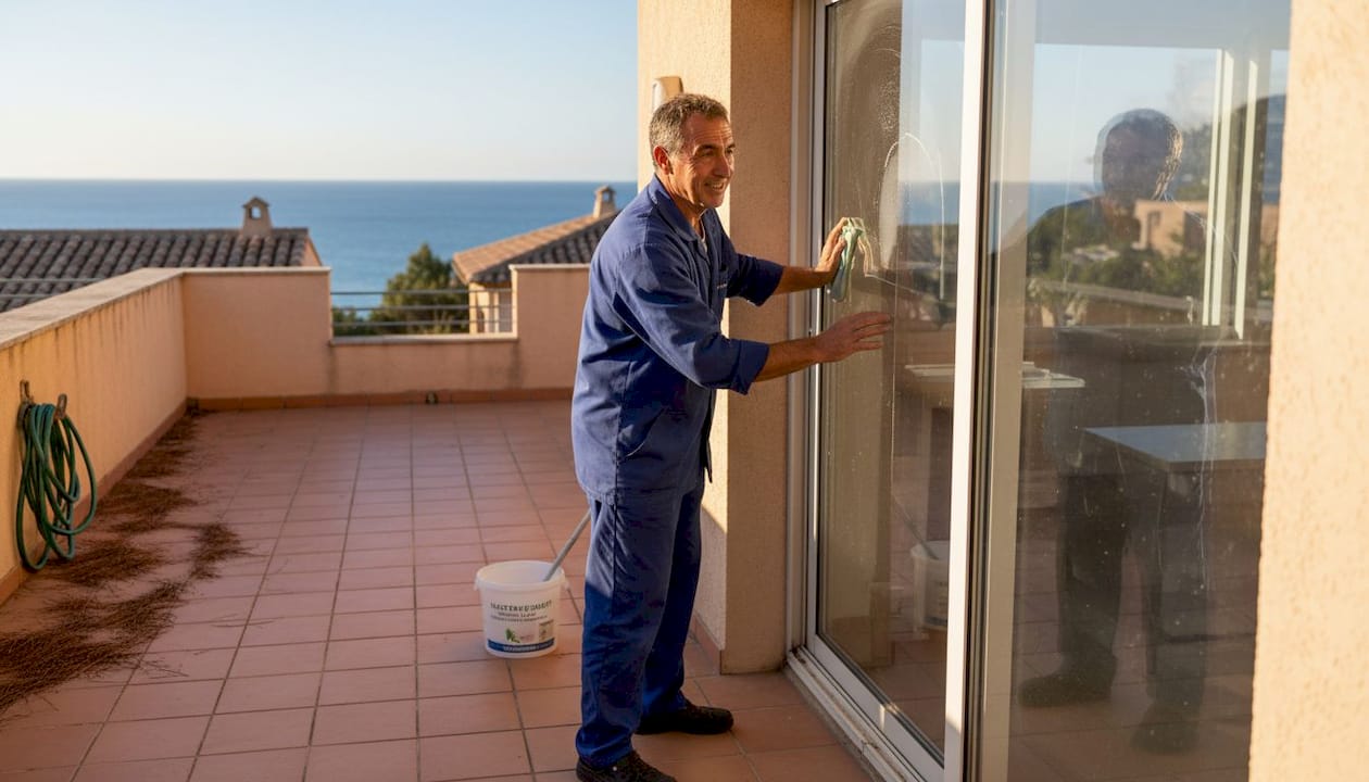 Un laveur de vitres s’affaire à nettoyer la baie vitrée d’une grande villa.