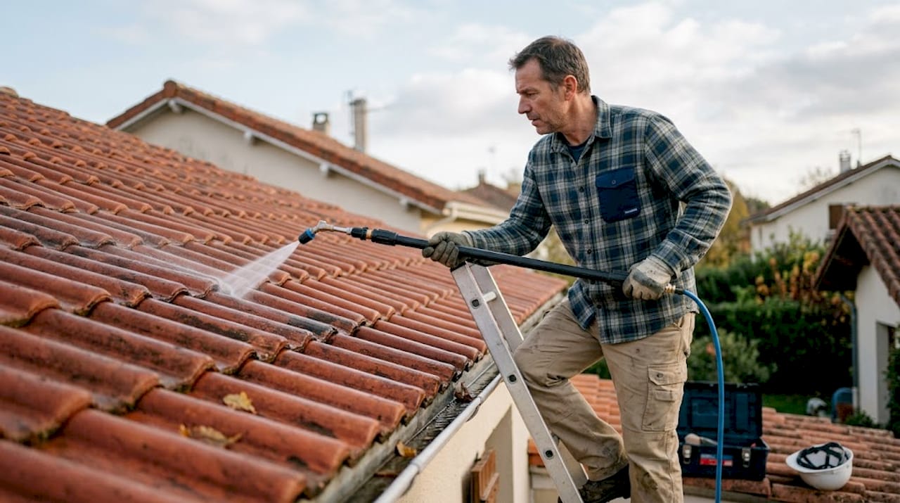 Nettoyage de toiture écologique réalisé depuis une échelle