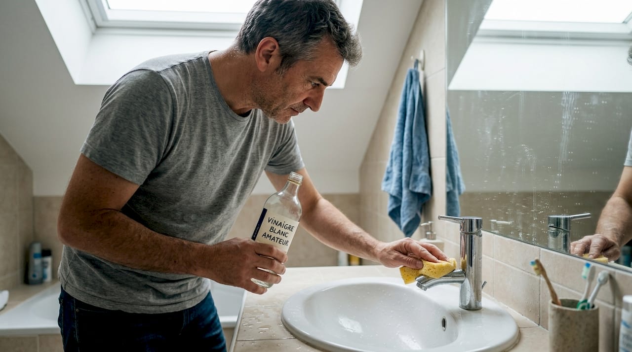 Détartrer le robinet de la salle de bain avec du vinaigre blanc : une astuce efficace pour lui redonner tout son éclat.