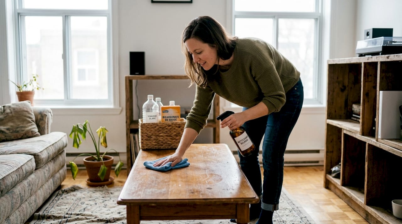 Une femme prend soin de sa table basse en la nettoyant avec des produits respectueux de l’environnement.