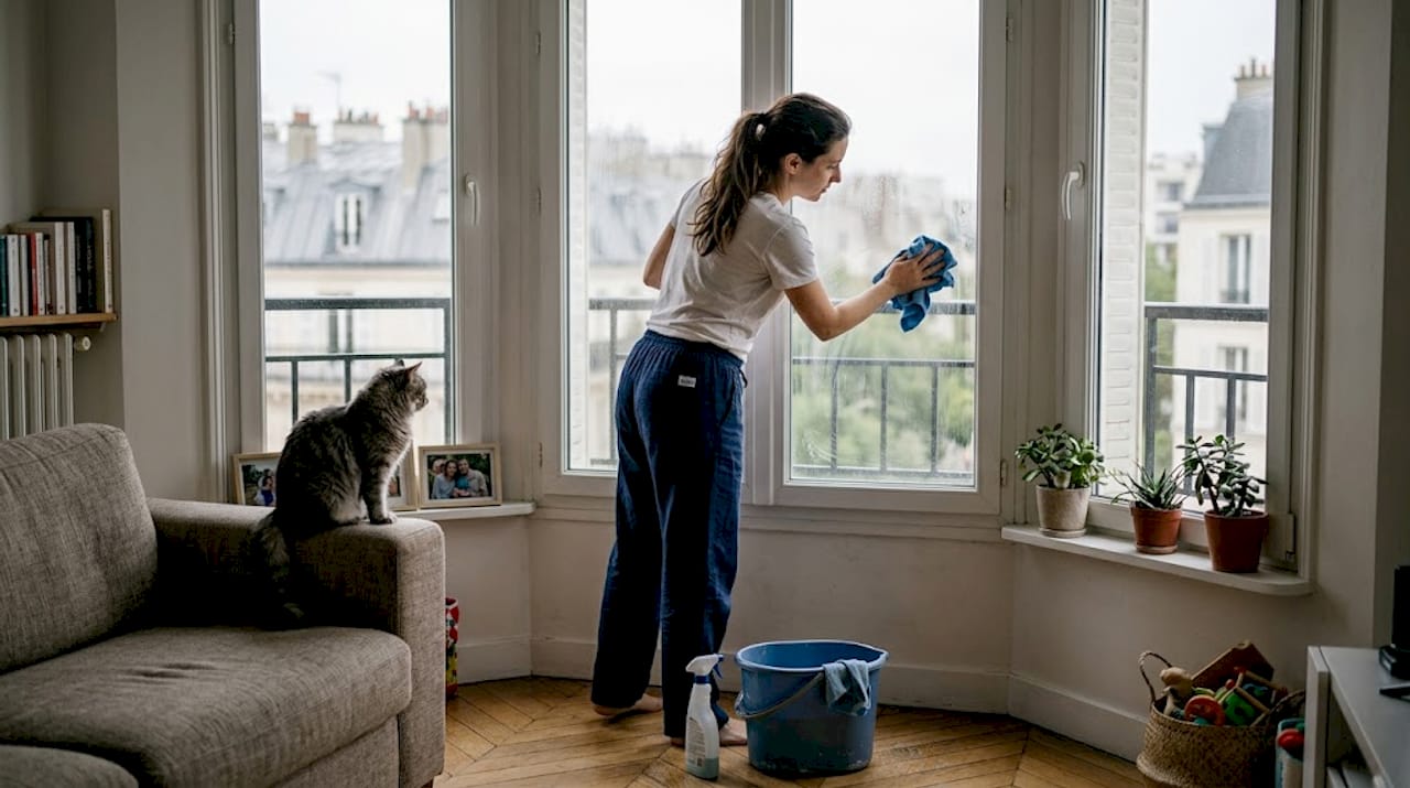 Une femme s’affaire à nettoyer les grandes vitres de son salon.