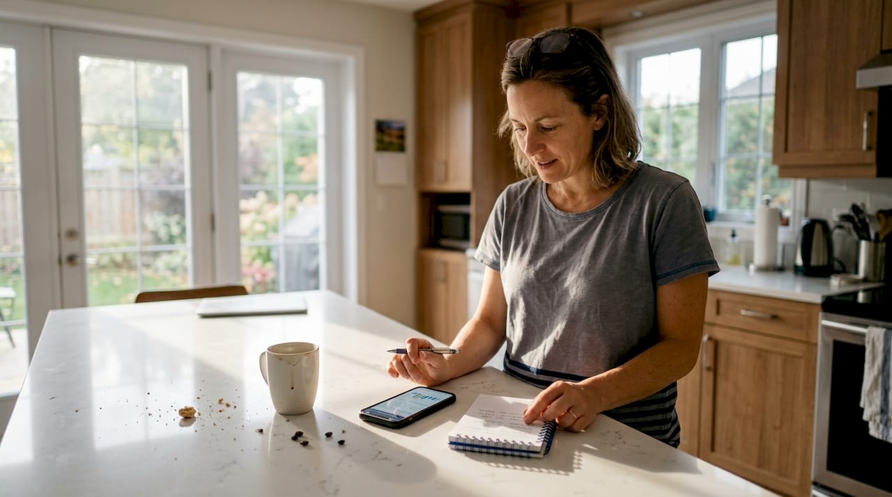 Une femme consulte l’application de gestion de son installation solaire, confortablement installée sur l’îlot central de sa cuisine.