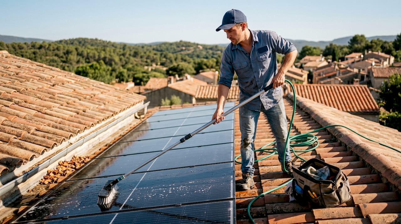 Un technicien procède à l’entretien des panneaux solaires installés sur une toiture en tuiles.