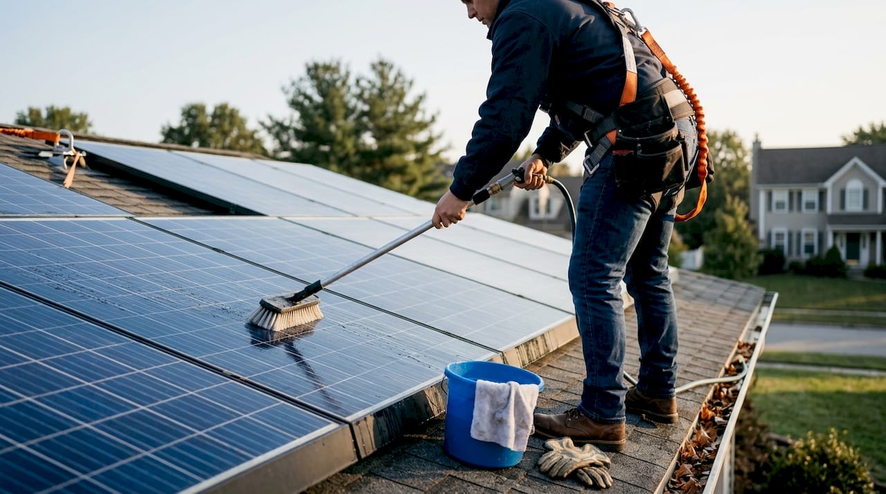 Un technicien prend soin de nettoyer délicatement les panneaux solaires pour garantir leur efficacité.