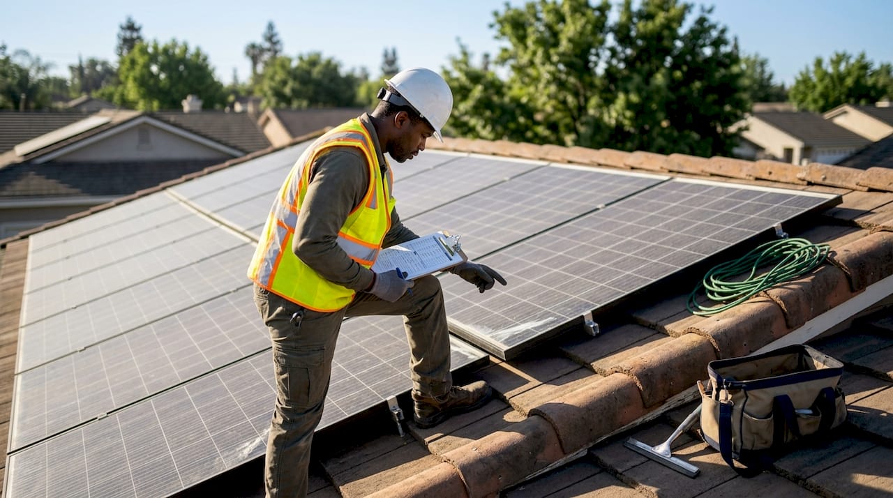 Un technicien vérifie l’état des panneaux solaires installés sur le toit.