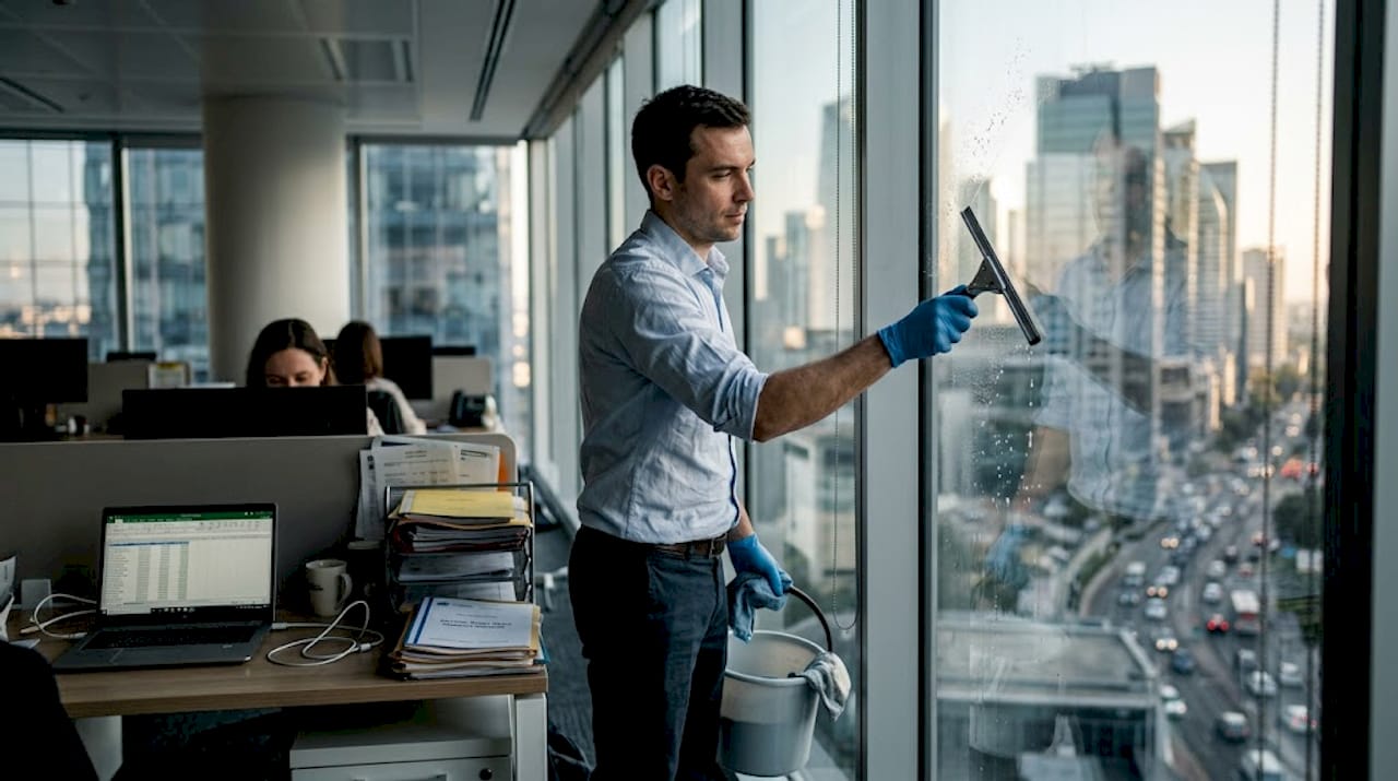 Un agent d’entretien nettoie les vitres dans un bureau en ville.