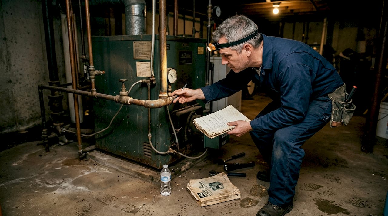 Un technicien effectue la vérification de la chaudière dans la chaufferie de l’immeuble.