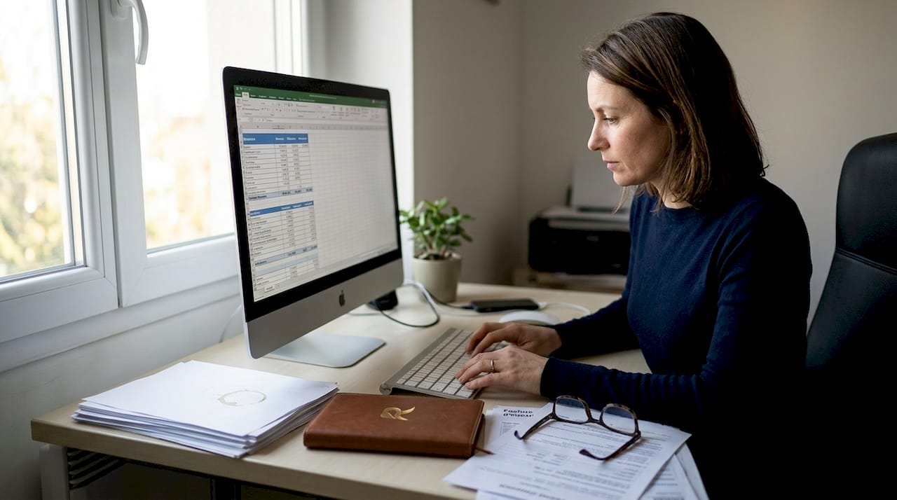 Une femme saisit les montants de ses loyers dans un tableau Excel.