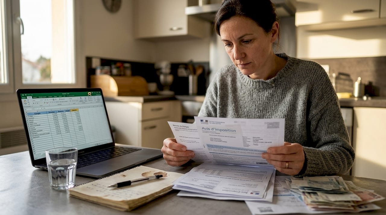 Une femme passe en revue la fiscalité liée à son bien immobilier, installée à la table de la cuisine.