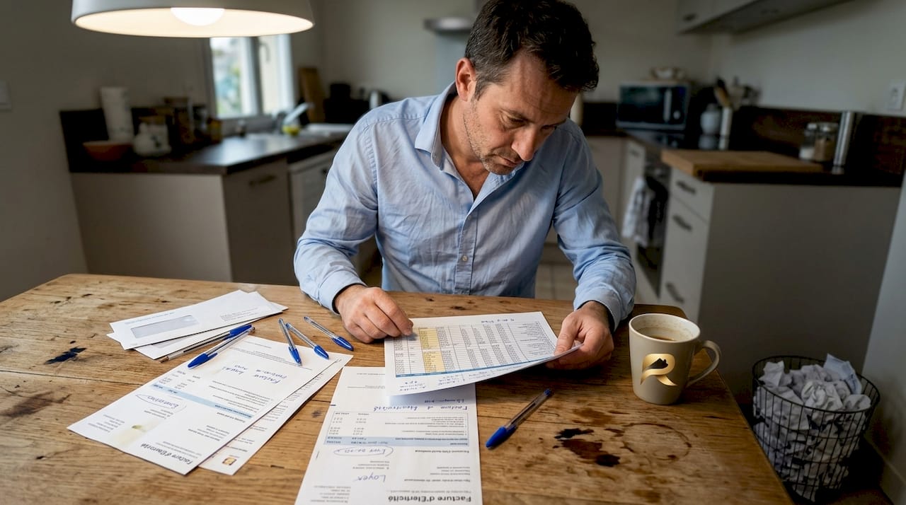 Un homme en train de faire ses comptes chez lui