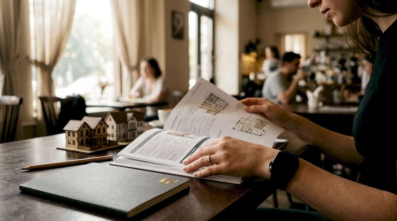 Des mains parcourent attentivement les fiches de biens immobiliers, en vérifiant chaque détail.