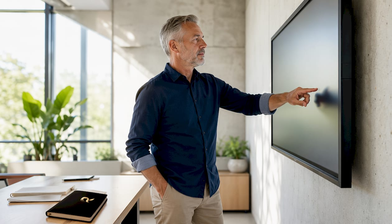 Un homme interagit avec un écran tactile