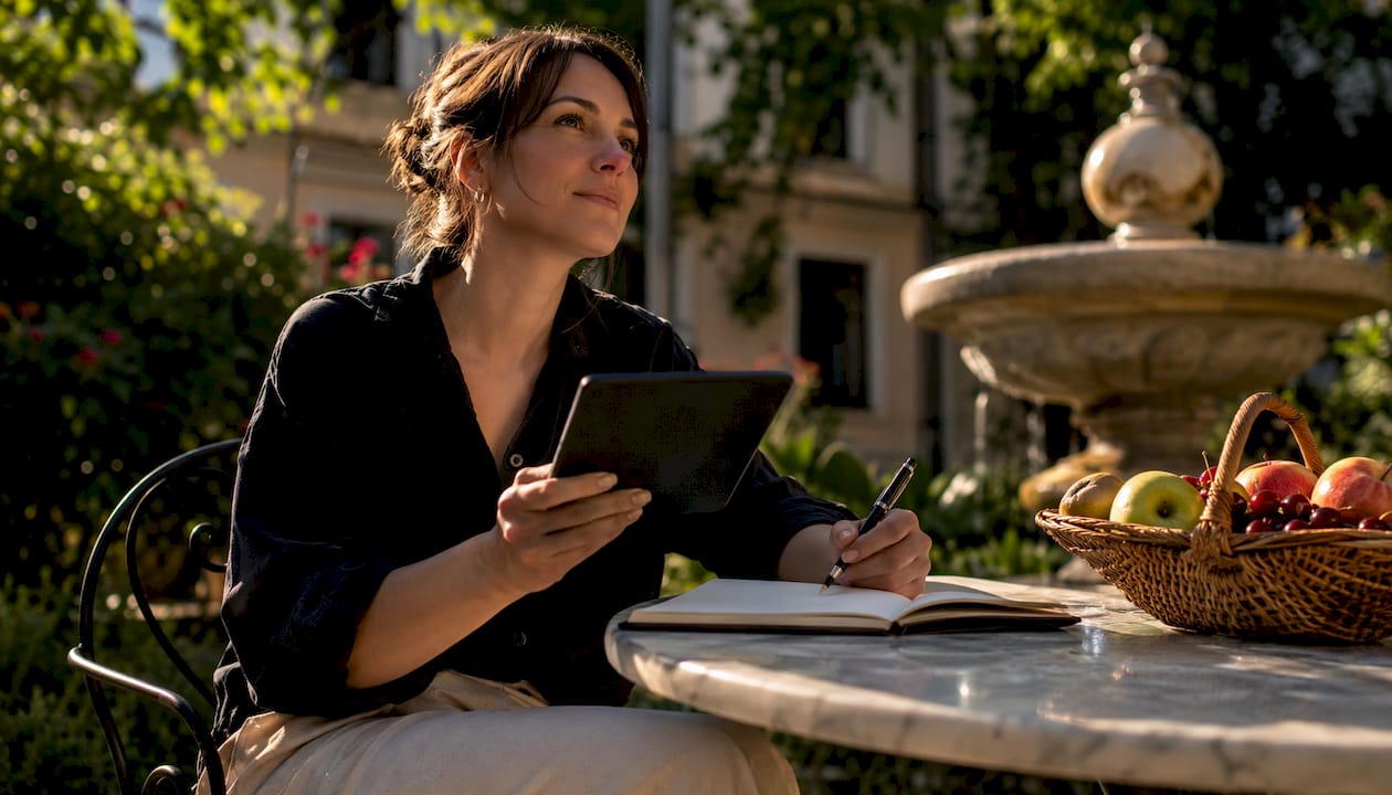 Une femme investisseuse qui griffonne ses idées dans un carnet, installée à la terrasse d’un café.