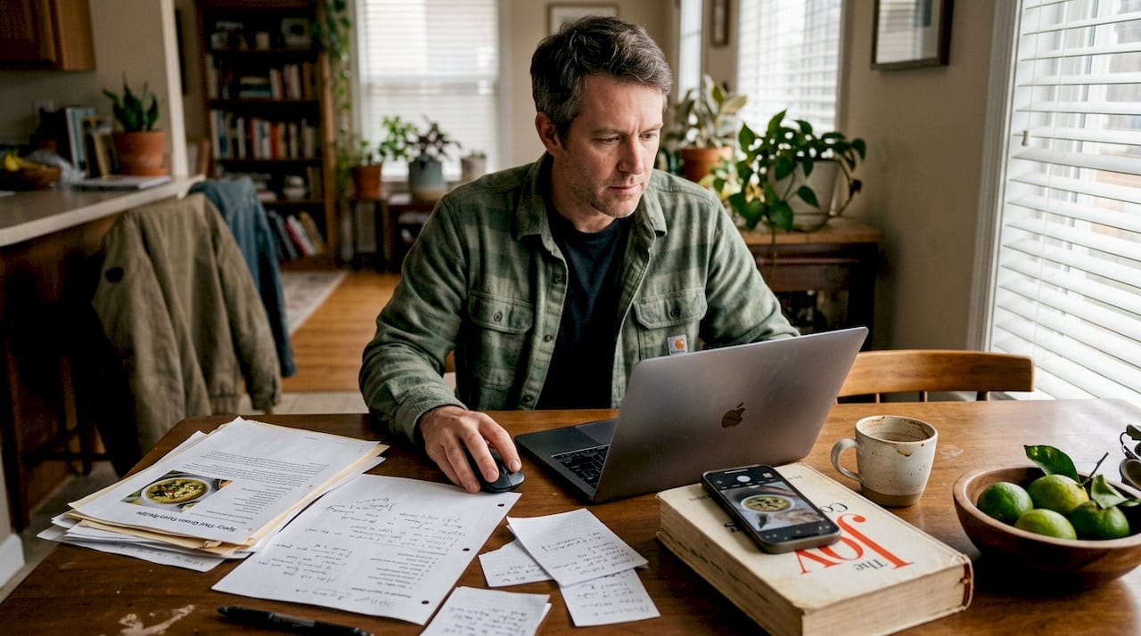 Person comparing digital and paper recipes