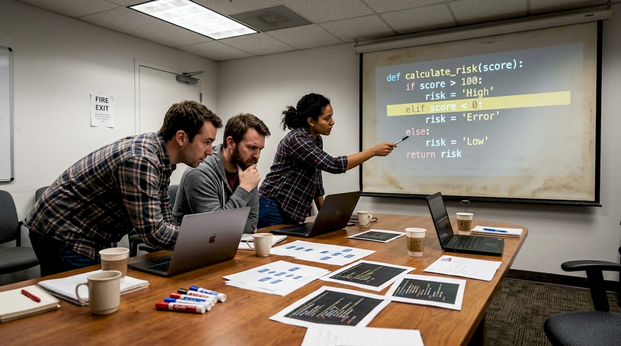 Team discussing code review in office