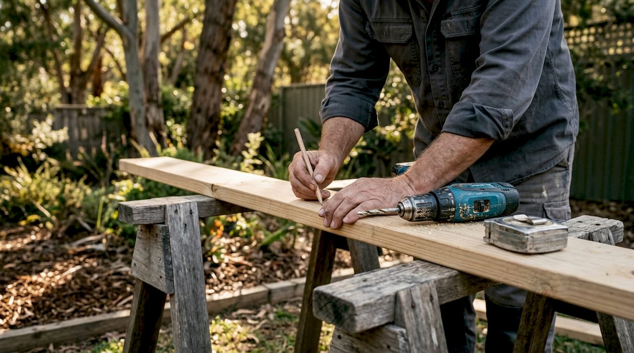 Hands predrilling pilot hole in timber