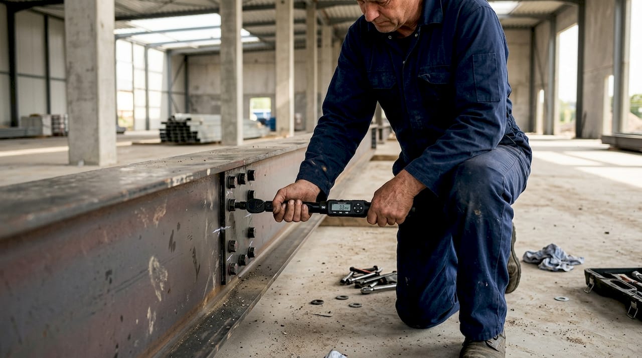 Worker torques bolts on steel girder
