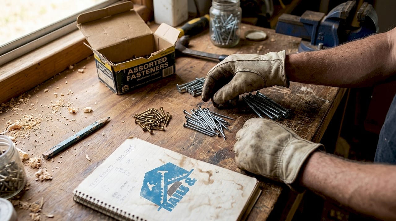 Hands comparing nail and screw gauges