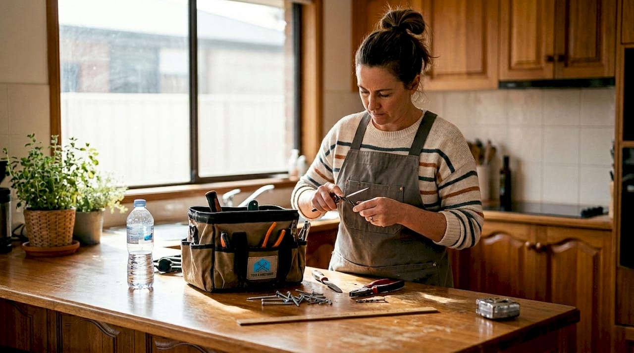 Woman preparing fastening tools at kitchen island
