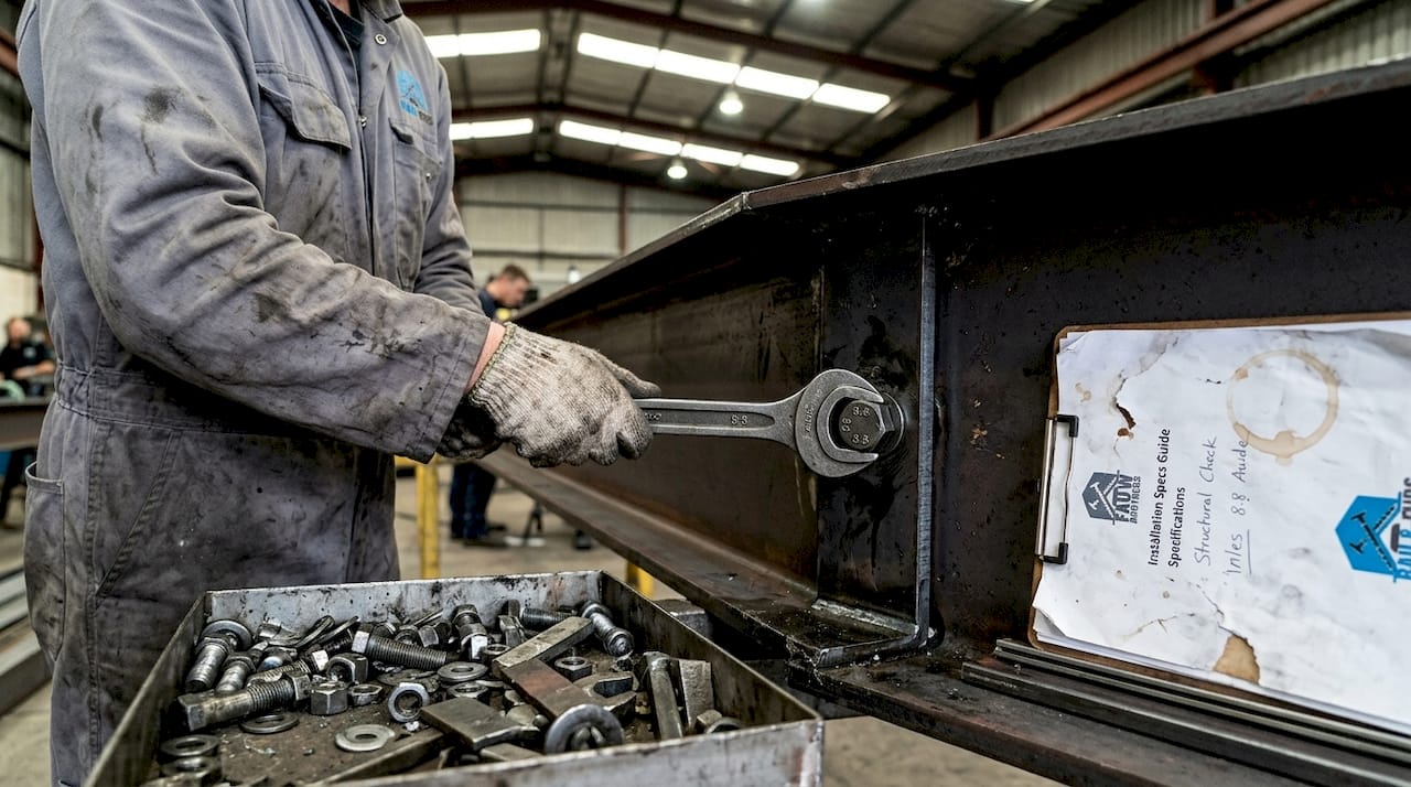 Worker fastening structural bolt to steel beam