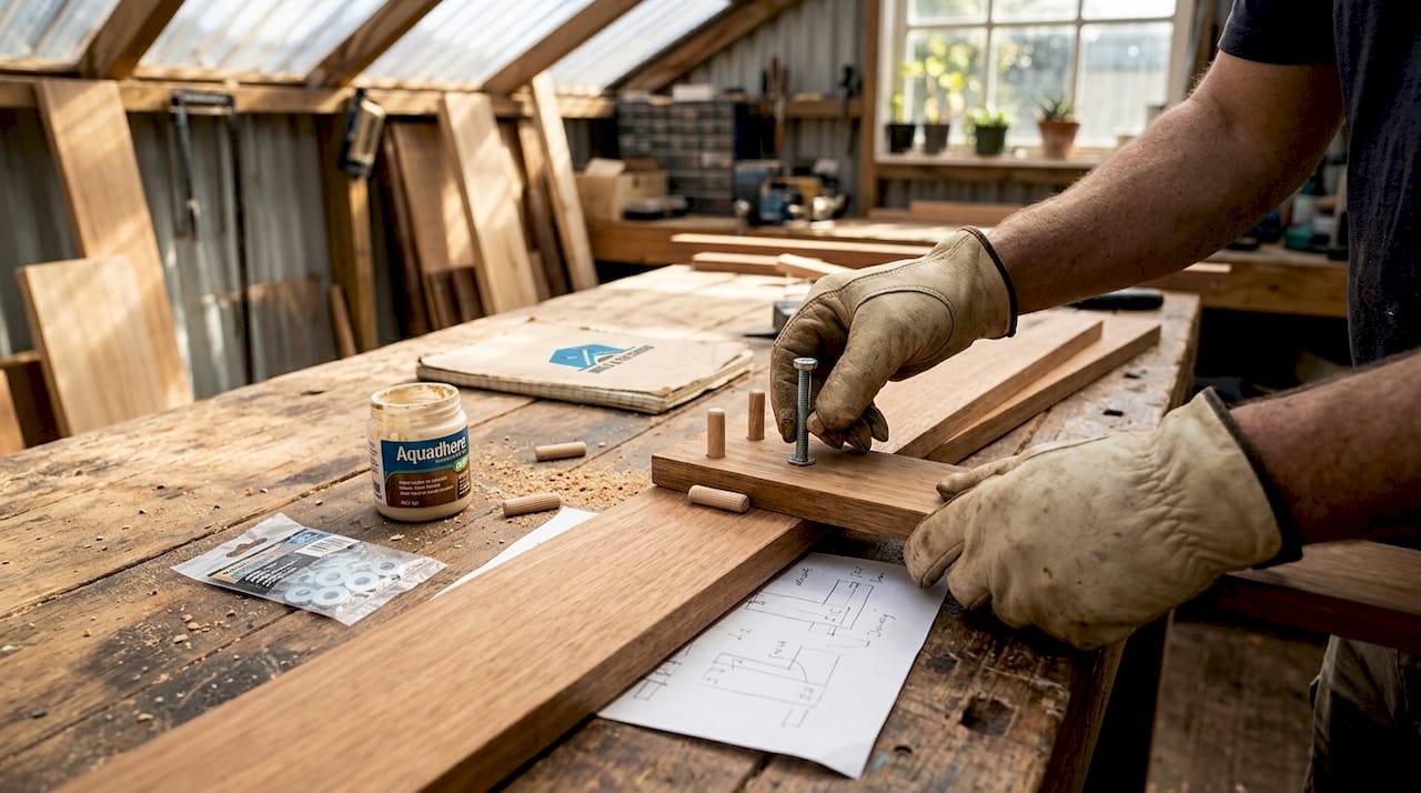Hands assembling timber with bolts and dowels