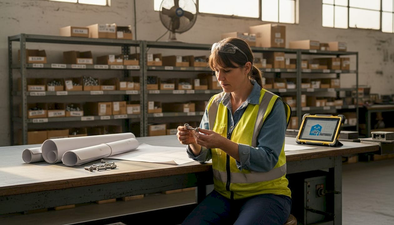 Engineer choosing fastener materials at workbench