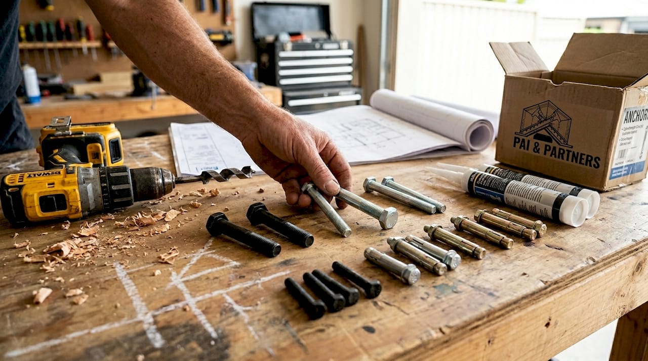 Various heavy-duty fasteners on contractor table