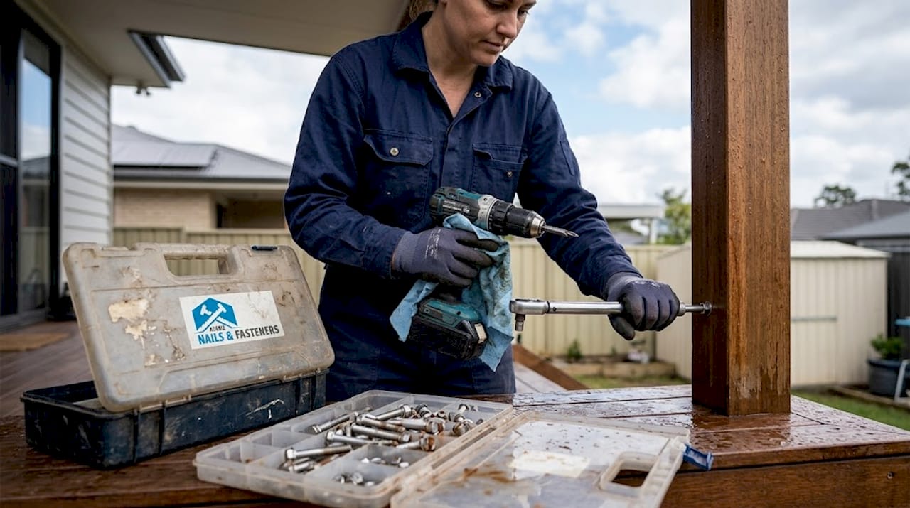 Worker installs corrosion resistant fastener outdoors