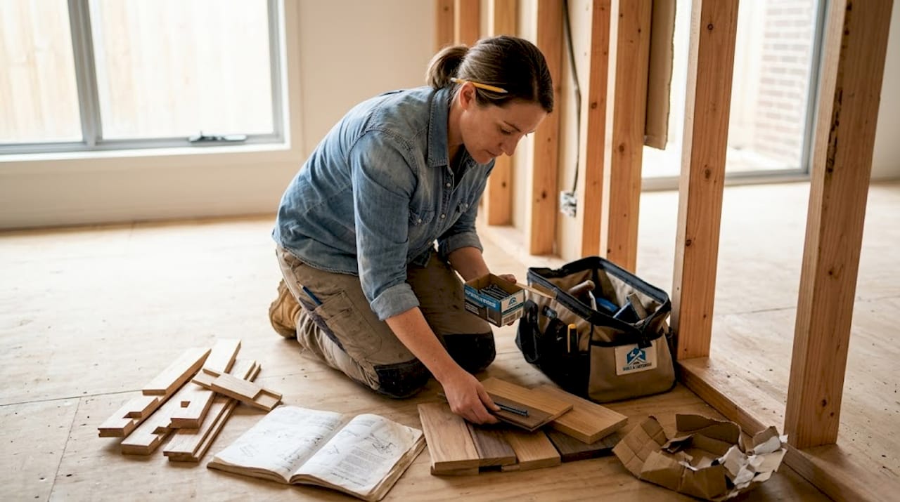 Builder matching fixings to wood samples
