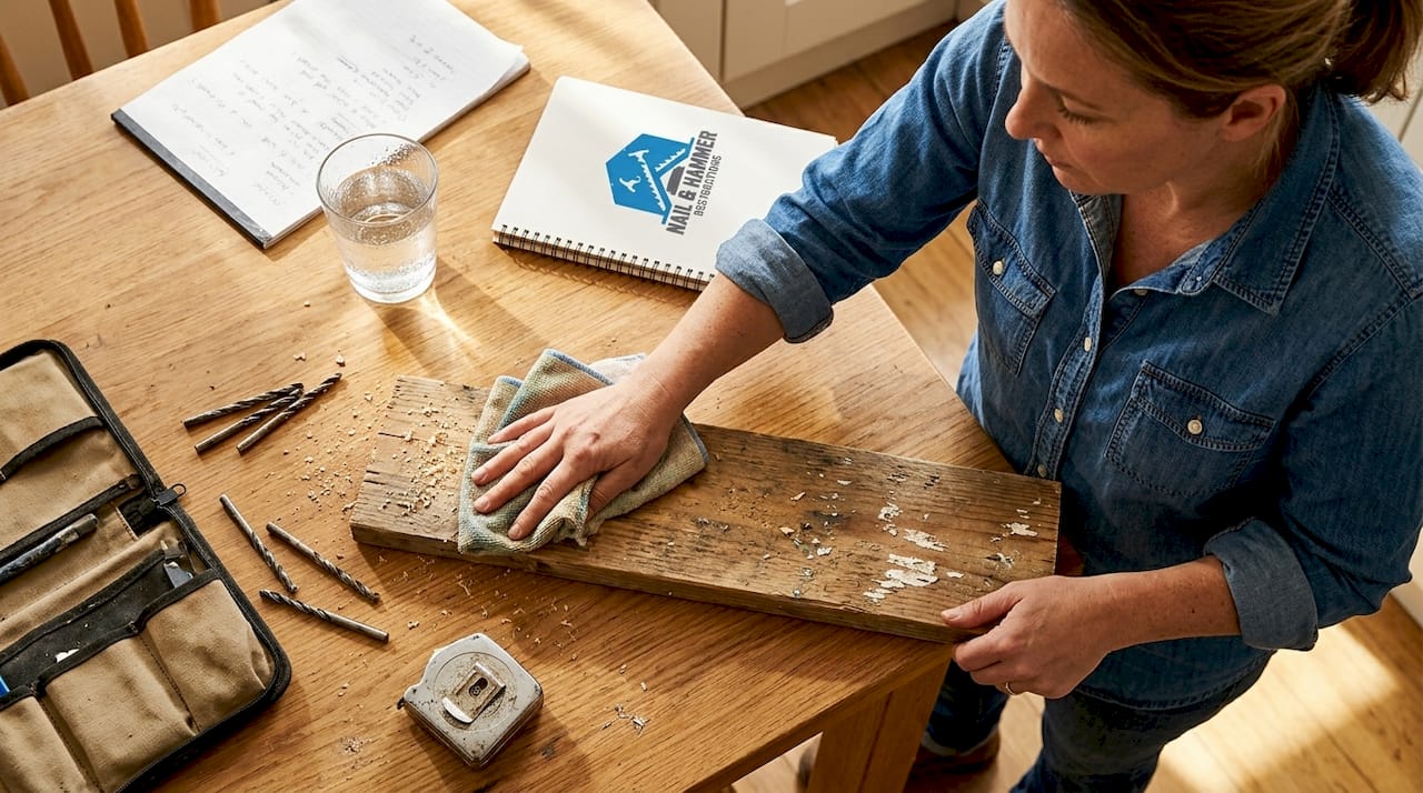 Woman cleaning board before installing screws