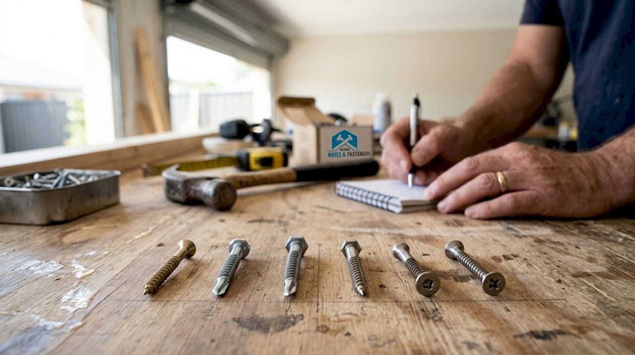 Different screw types laid out on bench