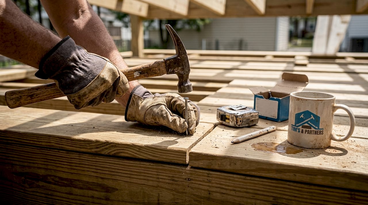Close-up hammering nail into timber joist
