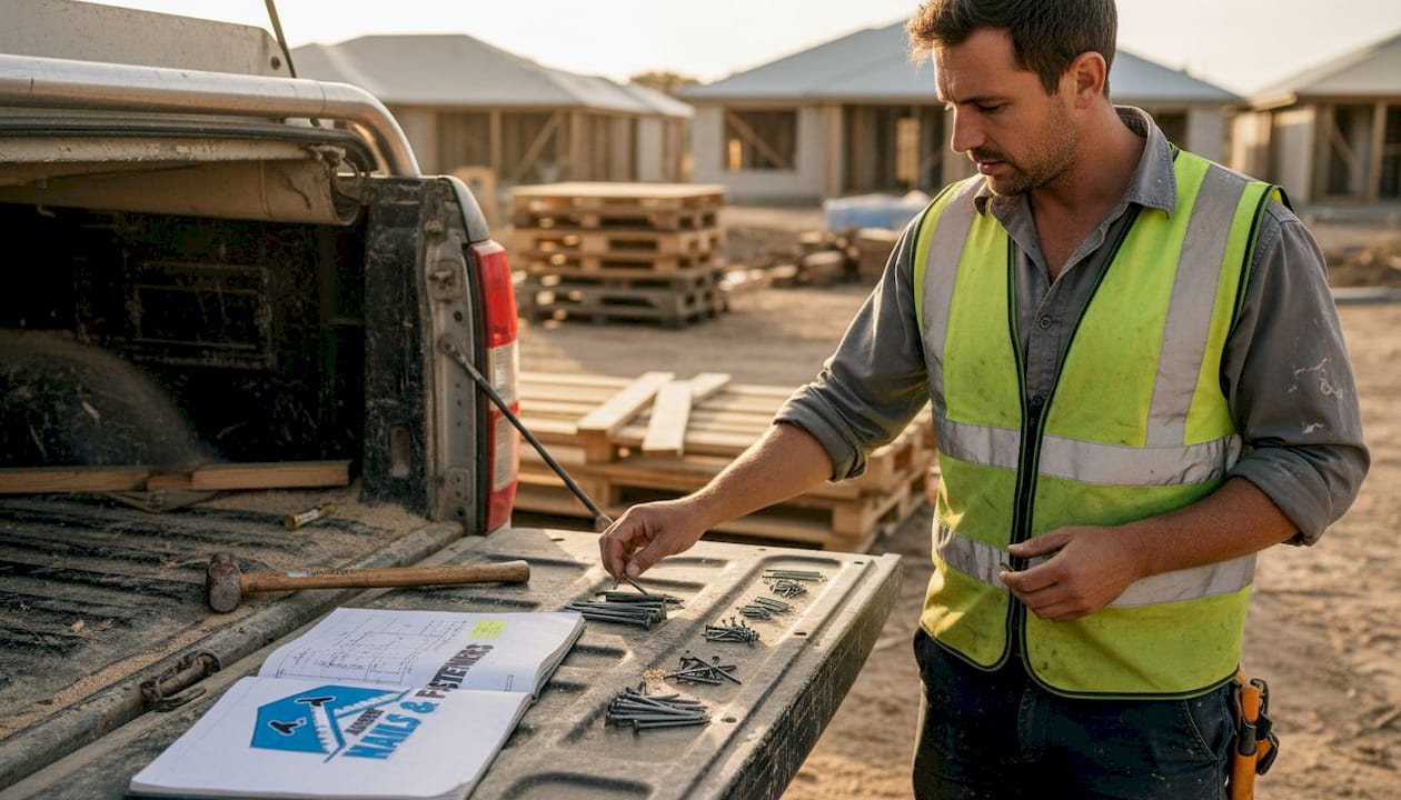 Builder comparing nail types outdoors