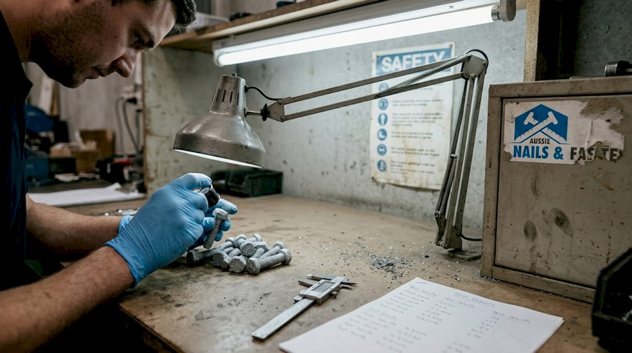 Technician inspects zinc-flake coated fasteners