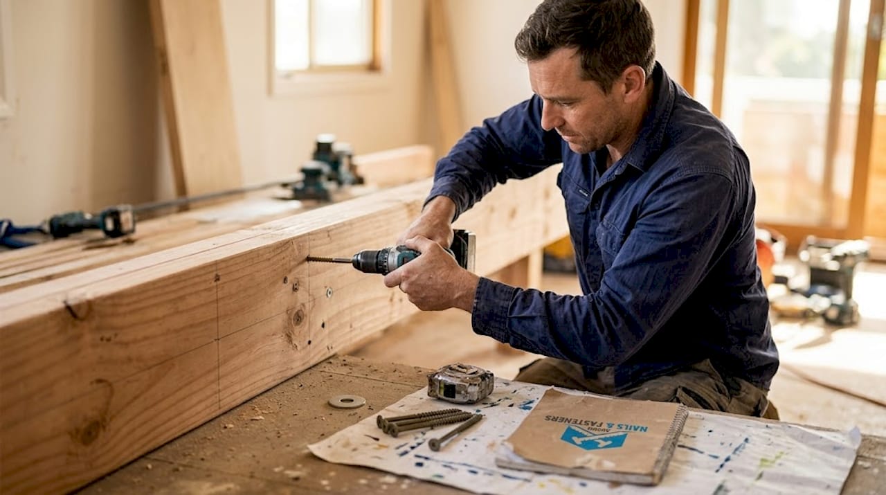 Tradesperson installing screw in timber beam