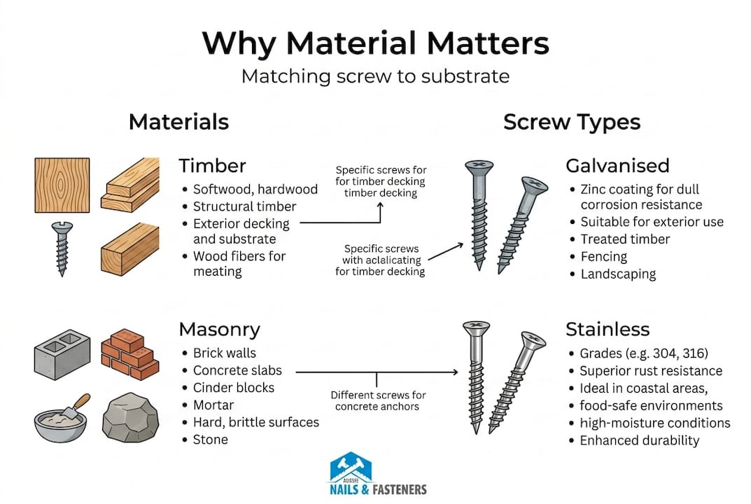 Infographic showing screw material and type overview