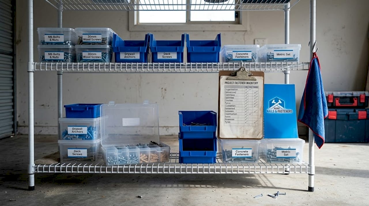 Organized fastener packs on garage shelf
